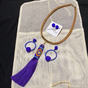 17” Choker With 6” Tassel and Colorful Beaded Emblem and 2 pairs Earrings NWOT